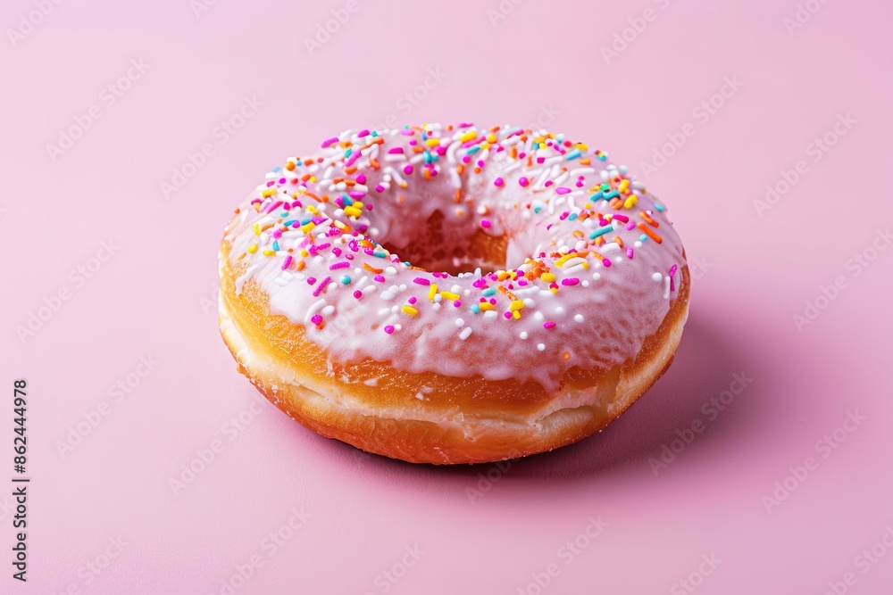 A single frosted donut with colorful sprinkles on a pink background. A single frosted donut with colorful sprinkles on a pink background.
