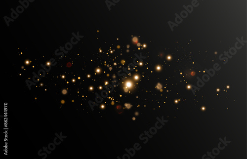 Bokeh glow background of sparkling dust, gold dust light, background with bokeh light effect, yellow shimmering glow with bokeh and glitter light. Vector