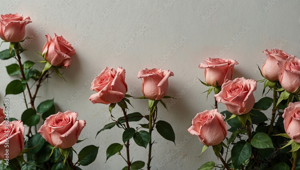 Obraz premium There are several pink roses with long stems against a white background.