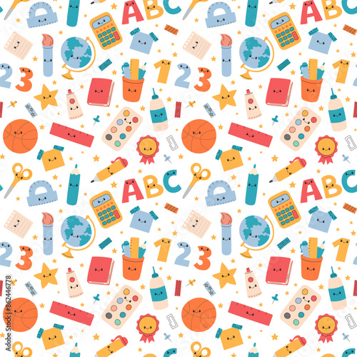 School vector pattern. Seamless background with funny educational elements. School supplies, accessories, tools. Office stationery repeating illustration