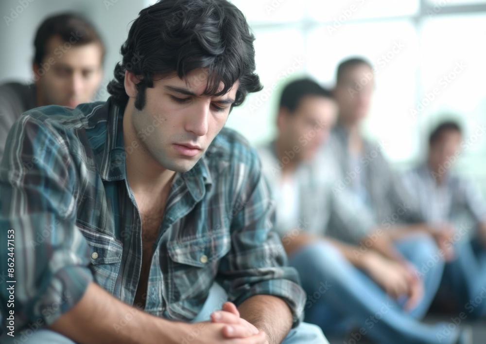 Fototapeta premium A young man sits alone in a group of people, looking sad and contemplative. AI.