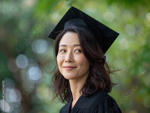 A middle-aged woman in a graduation cap and gown smiles away from the camera. AI.