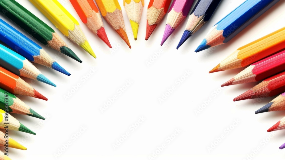 Fototapeta premium Close-up of a semicircle of various colored sharpened pencils against a white background. AI.