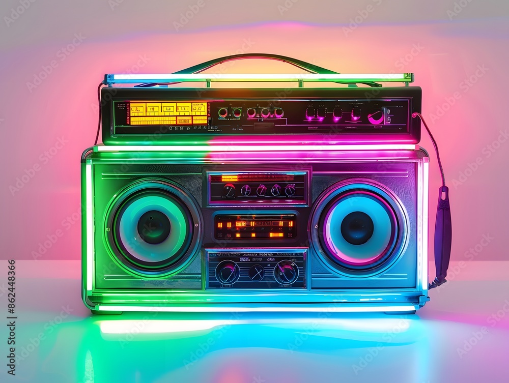 A boombox with an eye-catching LED light sign, surrounded by neon hues., isolated white background, Retro 80s synthwave, Photo stock style, clean background, no copyrighted logo, no letters A boombox with an eye-catching LED light sign, surrounded by neon hues., isolated white background, Retro 80s synthwave, Photo stock style, clean background, no copyrighted logo, no letters