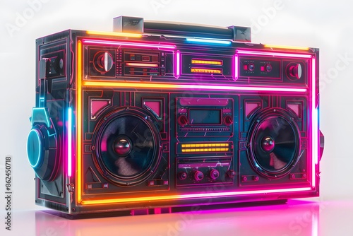 Boombox blasting music with vibrant neon LED lights., isolated white background, Retro 80s synthwave, Photo stock style, clean background, no copyrighted logo, no letters