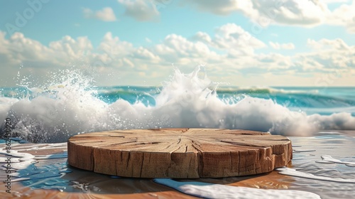 A wooden round table is on a beach with the ocean in the background. Generate AI image