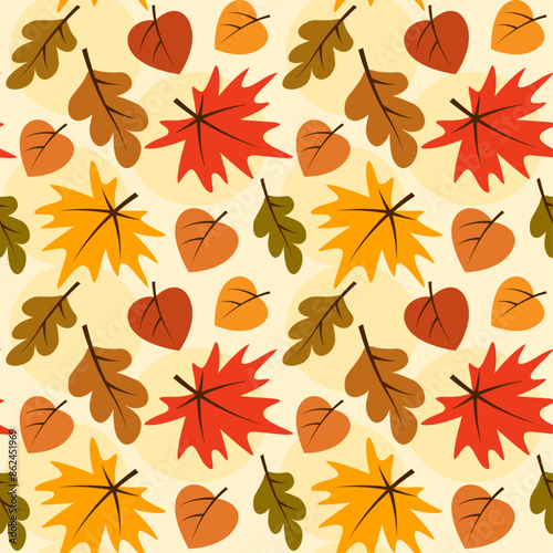 Seamless vector pattern of falling autumn leaves, colorful background of maple oak and birch leaves, decorative wallpaper, textile print, packaging.