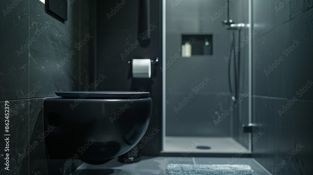 A black toilet is in a bathroom with a grey shower A black toilet is in a bathroom with a grey shower