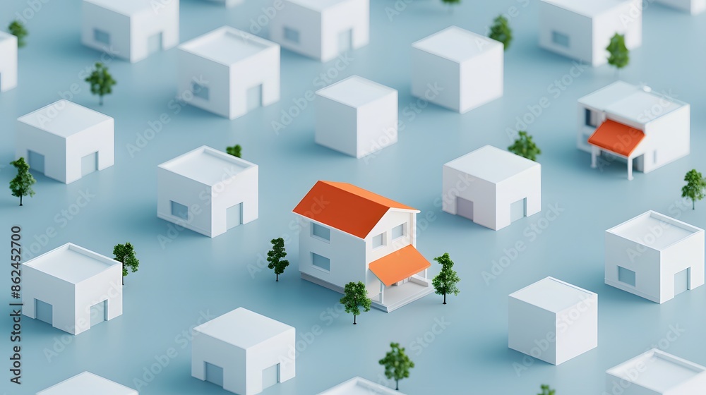 Minimalist 3D rendering of a suburban neighborhood with identical white houses and one house standing out with a red roof and awning. Minimalist 3D rendering of a suburban neighborhood with identical white houses and one house standing out with a red roof and awning.