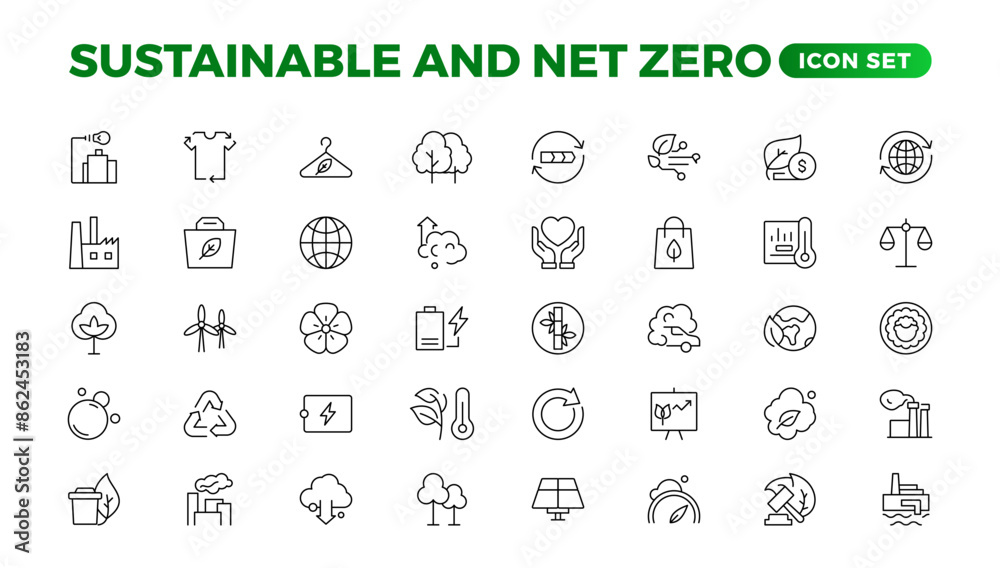 Set of sustainability and Net Zero, environmental, ecological, recyling, green, organic, industry thin line icons. Linear ecology simple symbol collection. Set of sustainability and Net Zero, environmental, ecological, recyling, green, organic, industry thin line icons. Linear ecology simple symbol collection.