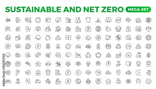 Set of sustainability and Net Zero, environmental, ecological, recyling, green, organic, industry thin line icons. Linear ecology simple symbol collection.