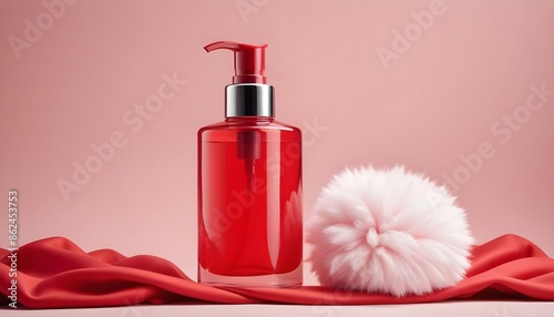 Red soap lotion dispenser background in an advertising spa like setting with copy space
