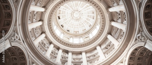 A view looking up at a grand domed ceiling with intricate details and columns.