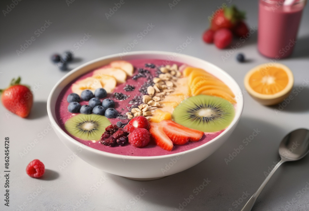 Photograph of a colorful fruit smoothie bowl, blurred background Photograph of a colorful fruit smoothie bowl, blurred background