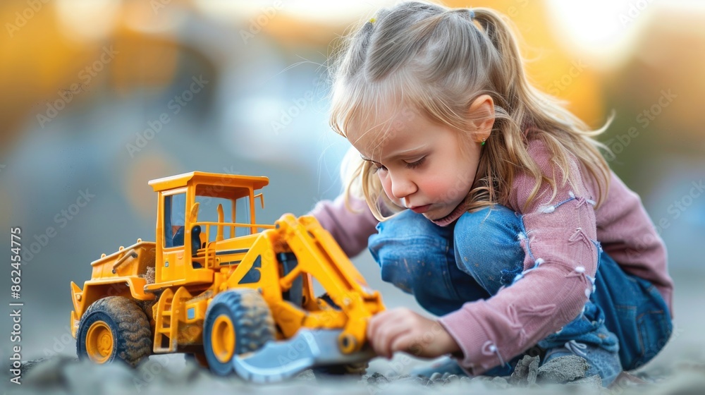 A young girl playing with a toy construction vehicle A young girl playing with a toy construction vehicle