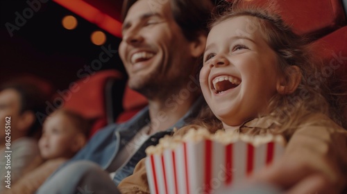 A perfect family moment at the movies, filled with the laughter of daughter and the warmth of father , all enjoying popcorn and the magic of cinema together
