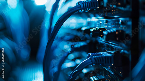 Photography A close-up image of network cables plugged into a server in a dimly lit server r