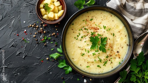 A bowl of creamy potato soup garnished with fresh parsley and pepper photo