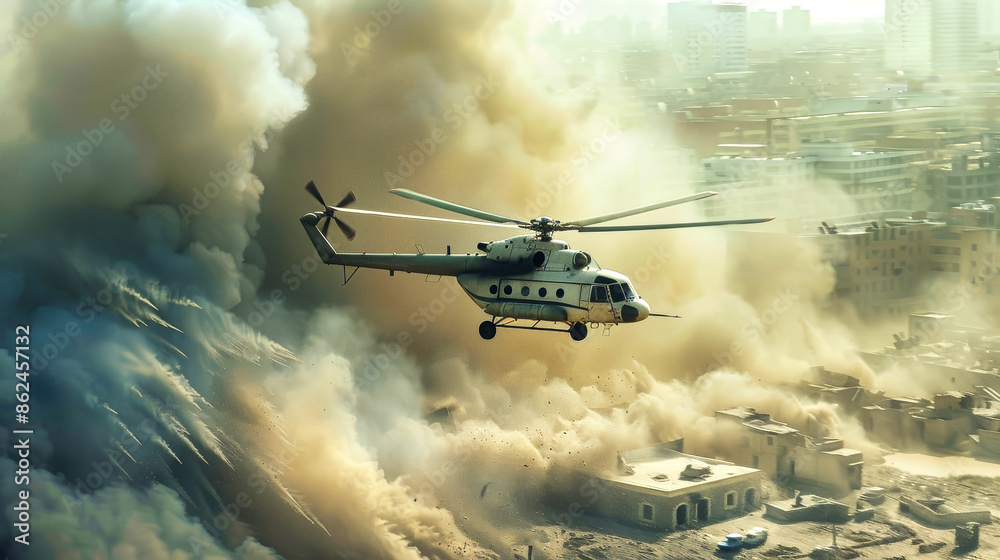 A helicopter flies through a cloud of dust and debris over a destroyed urban area A helicopter flies through a cloud of dust and debris over a destroyed urban area
