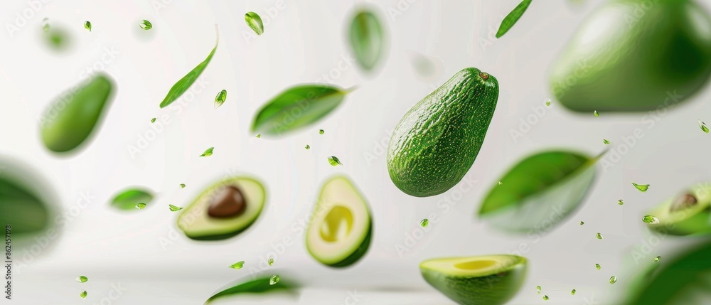 Floating Avocado and Leaves on White Background Floating Avocado and Leaves on White Background