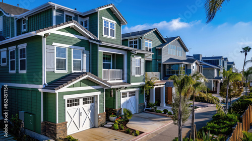Elegant duplex houses adorned with green wood vinyl sidings in the scenic Carlsbad, San Diego, California. A perfect blend of charm and coastal allure.