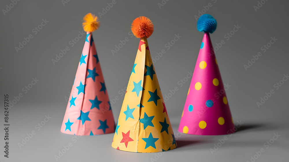 Bright and colorful birthday cap isolated on a white background, Holiday concept, Colorful birthday caps on colorful background, Top view Bright and colorful birthday cap isolated on a white background, Holiday concept, Colorful birthday caps on colorful background, Top view