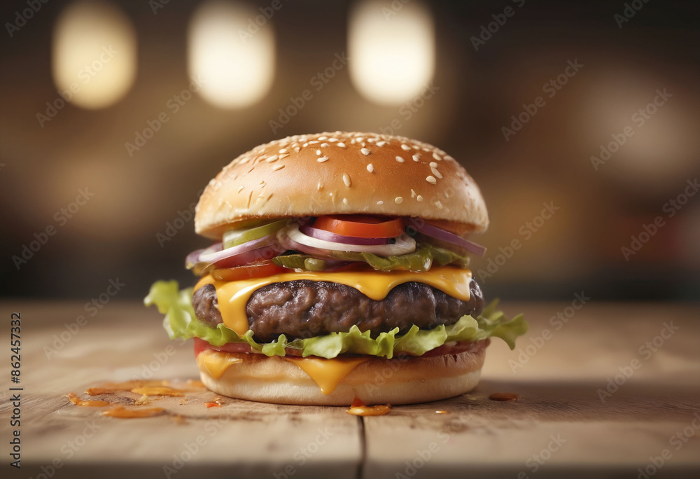 Photograph of a gourmet burger masterpiece, blurred background, copyspace on a side Photograph of a gourmet burger masterpiece, blurred background, copyspace on a side