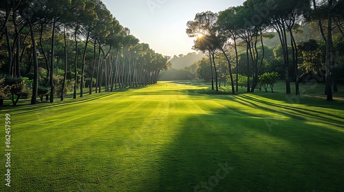 Beautiful golf course with lush green fairway and tall pine trees, bathed in warm sunlight creating serene and tranquil outdoor scenery.