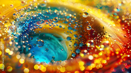 Radiant abstract dance. Glittery paint. Flow art. Combined vivid red blue yellow teal liquid bubbles swirling on water surface with round glitter