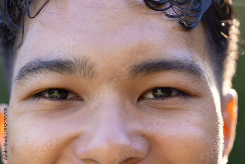 Close-up of man's face, focusing on eyes and facial expression photo