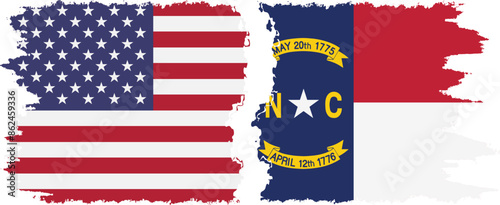 North Carolina state and USA grunge flags connection vector