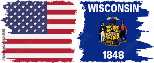 Wisconsin state and USA grunge flags connection vector