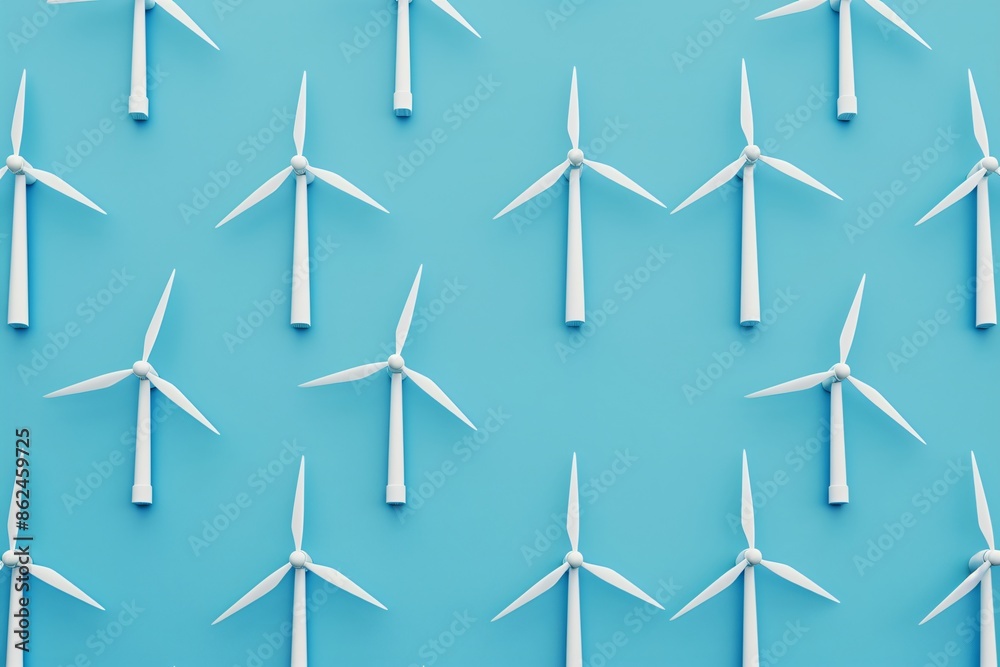 Aerial view of multiple wind turbines on a blue background. Clean energy and sustainable power concept. Renewable energy wind farm pattern. Aerial view of multiple wind turbines on a blue background. Clean energy and sustainable power concept. Renewable energy wind farm pattern.