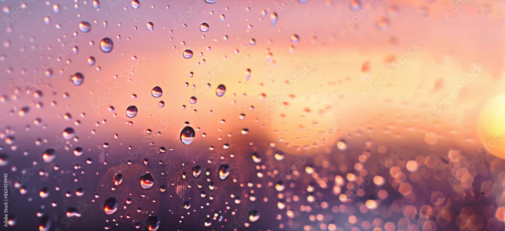 Obraz premium Raindrops on a glass window at sunset, abstract background
