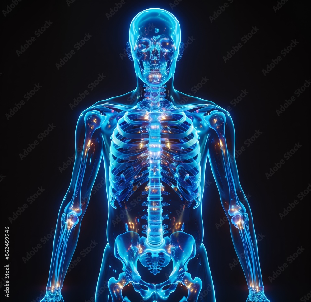 3D x-ray of the human body with bones visible, full length, front view, on a black background, with a blue glow on the skeleton and skin, of high resolution, high quality, and high detail, in the 3D x-ray of the human body with bones visible, full length, front view, on a black background, with a blue glow on the skeleton and skin, of high resolution, high quality, and high detail, in the