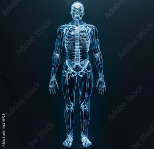 X-ray of the human body, with an isolated black background and a blue gradient on top for easy processing. The front view showcases detailed anatomy, including bones in different parts such as arms, #862459928