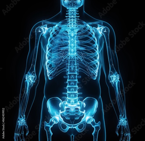 3D x-ray of the human body with bones visible, full length, front view, on a black background, with a blue glow on the skeleton and skin, of high resolution, high quality, and high detail, in the photo