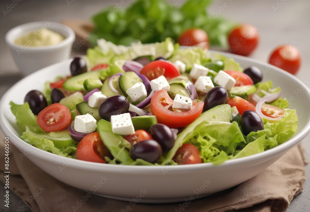Photograph of a Greek salad, blurred background Photograph of a Greek salad, blurred background