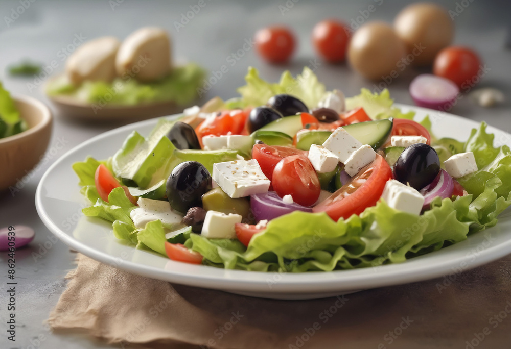 Photograph of a Greek salad, blurred background Photograph of a Greek salad, blurred background