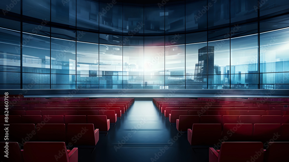 Modern empty auditorium with red seats and a large screen, perfect for presentations or conferences. Urban skyline in the background. Modern empty auditorium with red seats and a large screen, perfect for presentations or conferences. Urban skyline in the background.