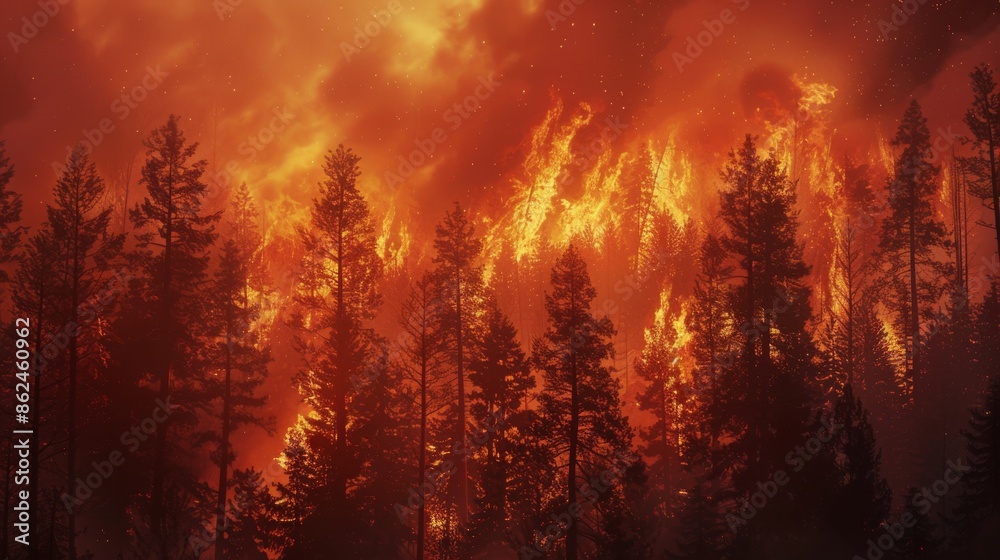 Forest wildfire engulfing trees with intense flames at night Forest wildfire engulfing trees with intense flames at night