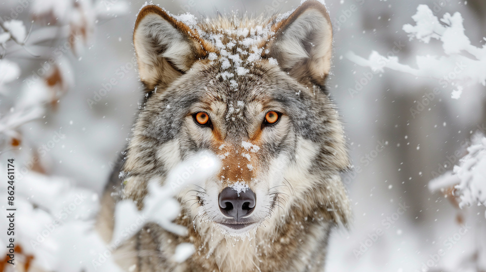 A detailed portrait of a wolf with intense red eyes in the snowy wilderness, showcasing its powerful and mysterious gaze in the cold and terrifying winter forest. A detailed portrait of a wolf with intense red eyes in the snowy wilderness, showcasing its powerful and mysterious gaze in the cold and terrifying winter forest.