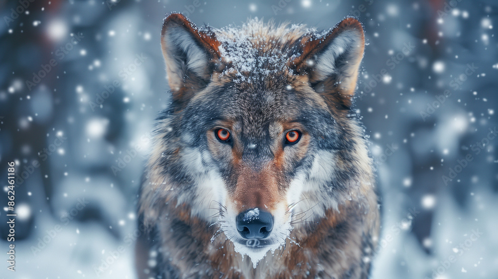 A detailed portrait of a wolf with intense red eyes in the snowy wilderness, showcasing its powerful and mysterious gaze in the cold and terrifying winter forest. A detailed portrait of a wolf with intense red eyes in the snowy wilderness, showcasing its powerful and mysterious gaze in the cold and terrifying winter forest.