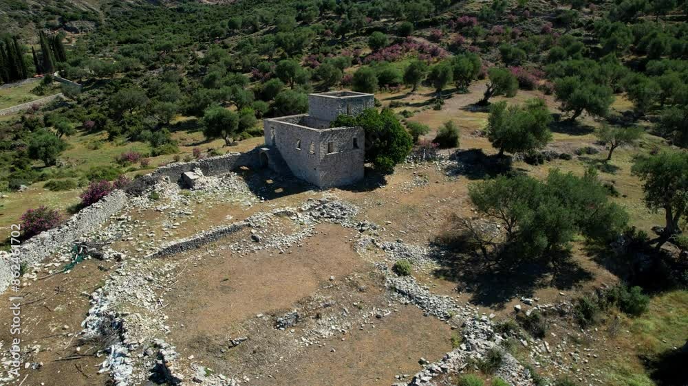 Ancient Stone Towers in Ruins on a Remote Mountain in Albania, Featuring the Historic Old Houses of Qeparo Village Ancient Stone Towers in Ruins on a Remote Mountain in Albania, Featuring the Historic Old Houses of Qeparo Village