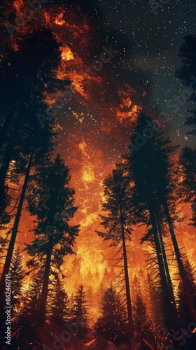 Forest fire at night, dramatic view of blazing wildfire under starry sky. Environmental disaster and climate change concept