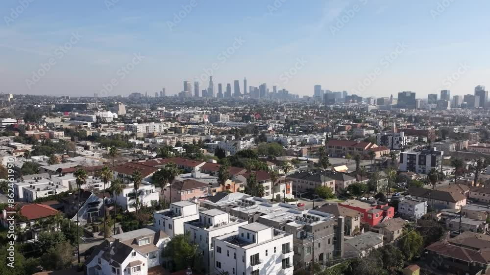 Rising Aerial Shot Of Downtown Los Angeles Skyline From East Hollywood. Famous Travel Destination. Rising Aerial Shot Of Downtown Los Angeles Skyline From East Hollywood. Famous Travel Destination.