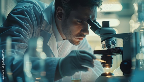 A quality control specialist in a biopharmaceutical lab meticulously examining samples under a microscope, checking for purity and consistency photo