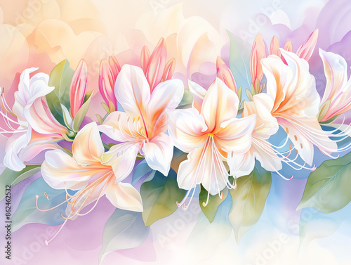 Close-up of honeysuckle flowers, soft watercolor brushstrokes showcasing the intricate petals and sweet nectar, a serene and aromatic botanical scene