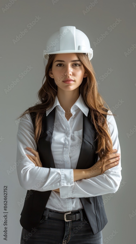 Professional female architect wearing a hard hat on a gray background Professional female architect wearing a hard hat on a gray background