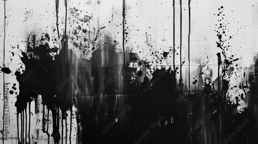 The monochromatic paint drips and splatters creating an intriguing texture on the canvas. Black and white art